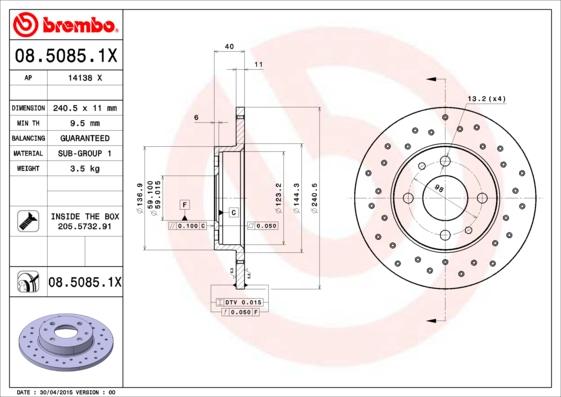 Brembo 08.5085.1X - Bremžu diski autodraugiem.lv
