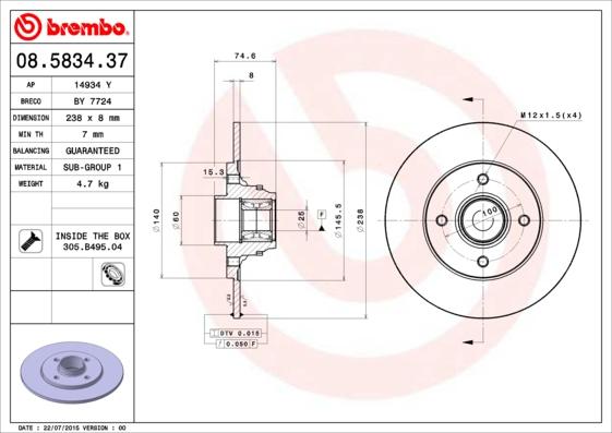 Brembo 08.5834.37 - Bremžu diski autodraugiem.lv