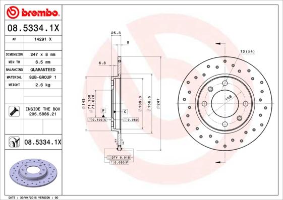Brembo 08.5334.1X - Bremžu diski autodraugiem.lv