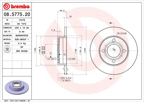 Brembo 08.5775.20 - Bremžu diski autodraugiem.lv