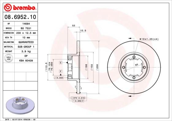 Brembo 08.6952.10 - Bremžu diski autodraugiem.lv