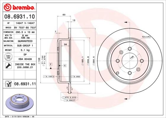 Brembo 08.6931.11 - Bremžu diski autodraugiem.lv