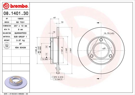 Brembo 08.1401.30 - Bremžu diski autodraugiem.lv