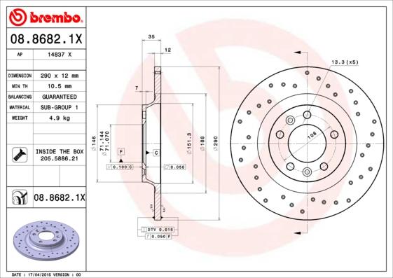 Brembo 08.8682.1X - Bremžu diski autodraugiem.lv