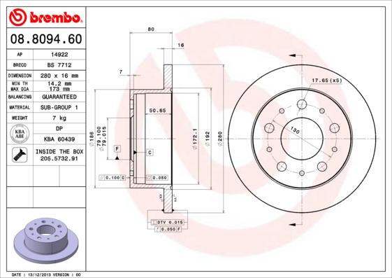 Brembo 08.8094.60 - Bremžu diski autodraugiem.lv