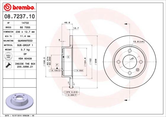 Brembo 08.7237.10 - Bremžu diski autodraugiem.lv