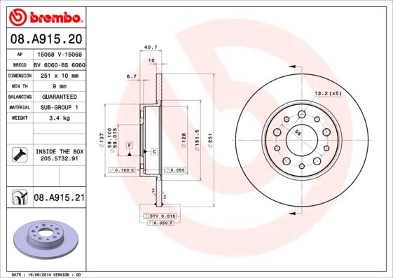 Brembo 08.A915.21 - Bremžu diski autodraugiem.lv