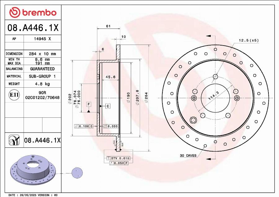 Brembo 08.A446.1X - Bremžu diski autodraugiem.lv