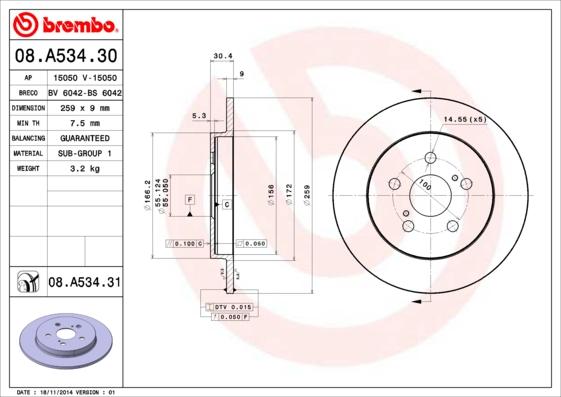 Brembo 08.A534.31 - Bremžu diski autodraugiem.lv