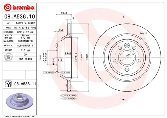 Brembo 08.A536.10 - Bremžu diski autodraugiem.lv