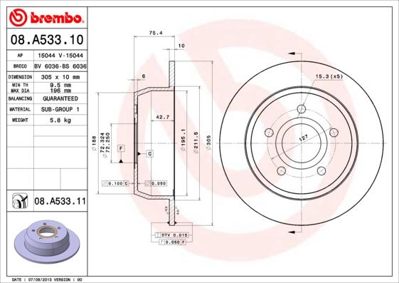 Brembo 08.A533.11 - Bremžu diski autodraugiem.lv