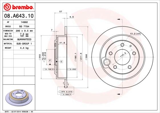 Brembo 08.A643.10 - Bremžu diski autodraugiem.lv