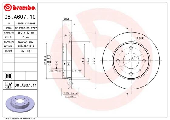 Brembo 08.A607.10 - Bremžu diski autodraugiem.lv