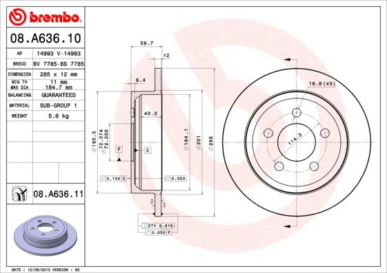 Brembo 08.A636.10 - Bremžu diski autodraugiem.lv