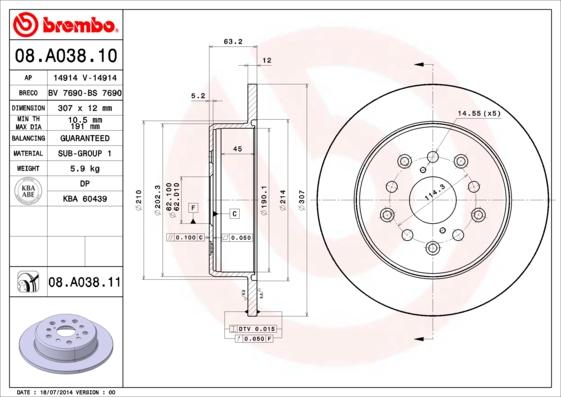 Brembo 08.A038.11 - Bremžu diski autodraugiem.lv