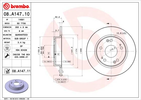 Brembo 08.A147.11 - Bremžu diski autodraugiem.lv