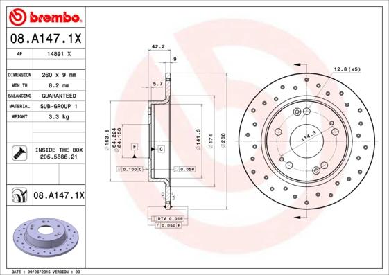 Brembo 08.A147.1X - Bremžu diski autodraugiem.lv