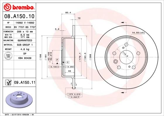 Brembo 08.A150.11 - Bremžu diski autodraugiem.lv