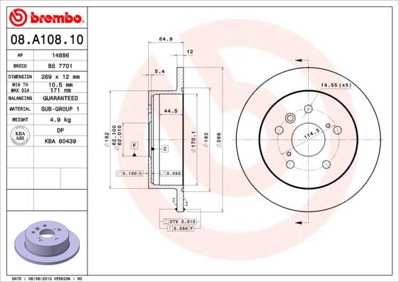 Brembo 08.A108.10 - Bremžu diski autodraugiem.lv