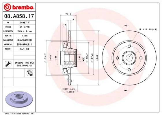 Brembo 08.A858.17 - Bremžu diski autodraugiem.lv