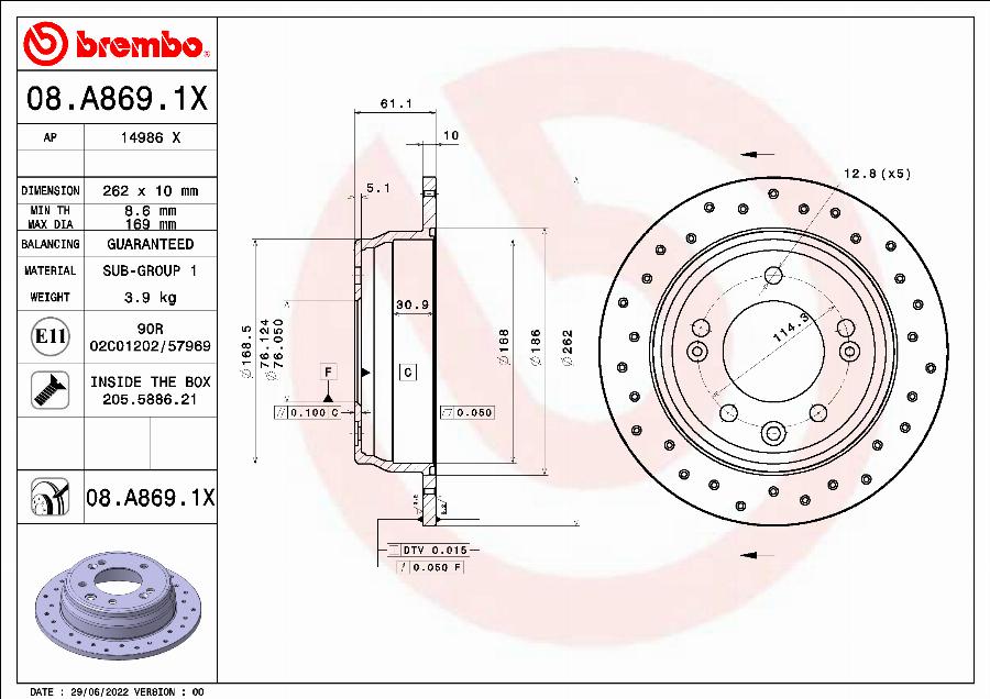 Brembo 08.A869.1X - Bremžu diski autodraugiem.lv