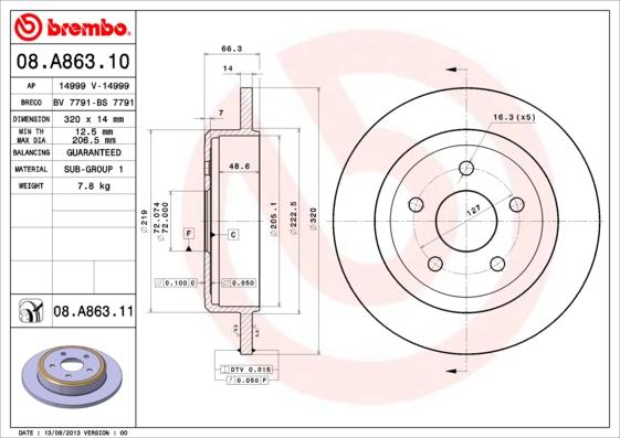 Brembo 08.A863.11 - Bremžu diski autodraugiem.lv