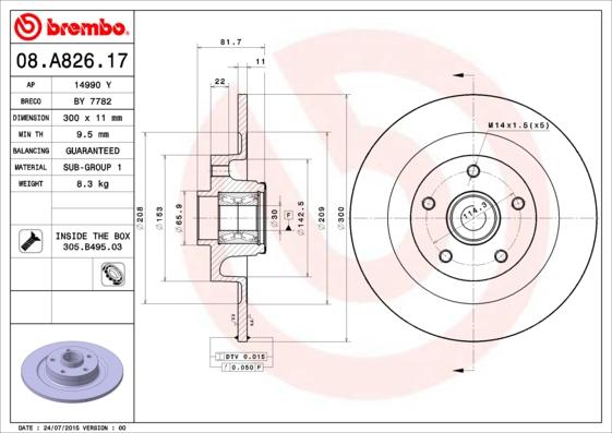 Brembo 08.A826.17 - Bremžu diski autodraugiem.lv