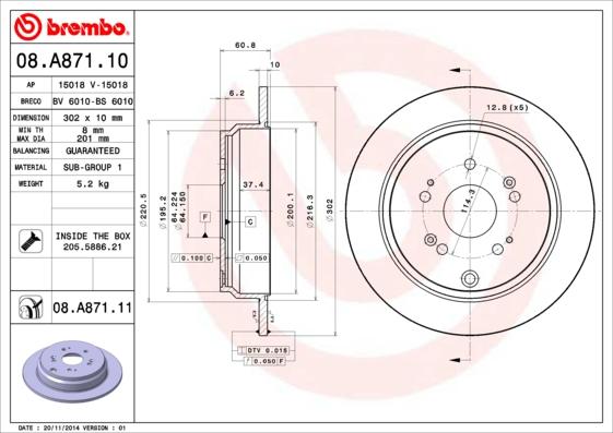 Brembo 08.A871.11 - Bremžu diski autodraugiem.lv