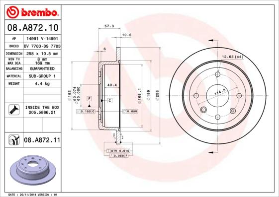 Brembo 08.A872.11 - Bremžu diski autodraugiem.lv