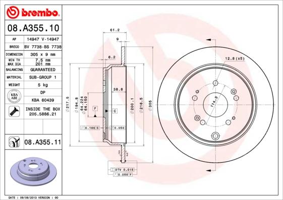 Brembo 08.A355.10 - Bremžu diski autodraugiem.lv