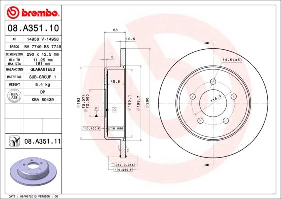 Brembo 08.A351.10 - Bremžu diski autodraugiem.lv