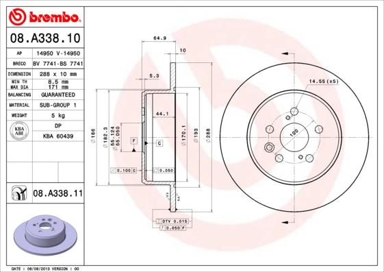 Brembo 08.A338.10 - Bremžu diski autodraugiem.lv