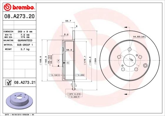 Brembo 08.A273.20 - Bremžu diski autodraugiem.lv