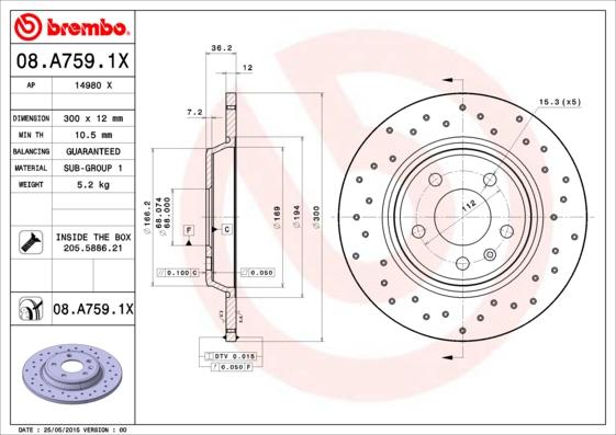 Brembo 08.A759.1X - Bremžu diski autodraugiem.lv