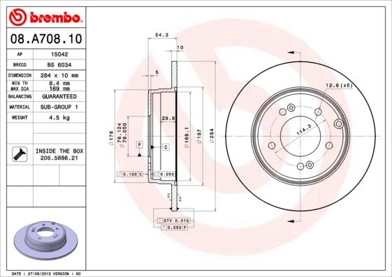 Brembo 08.A708.11 - Bremžu diski autodraugiem.lv