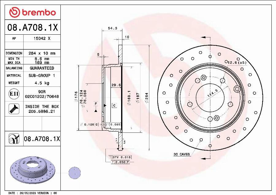 Brembo 08.A708.1X - Bremžu diski autodraugiem.lv