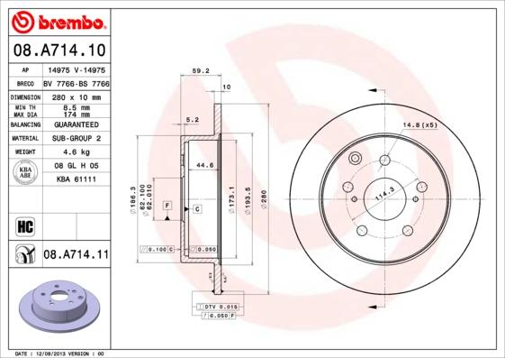 Brembo 08.A714.10 - Bremžu diski autodraugiem.lv