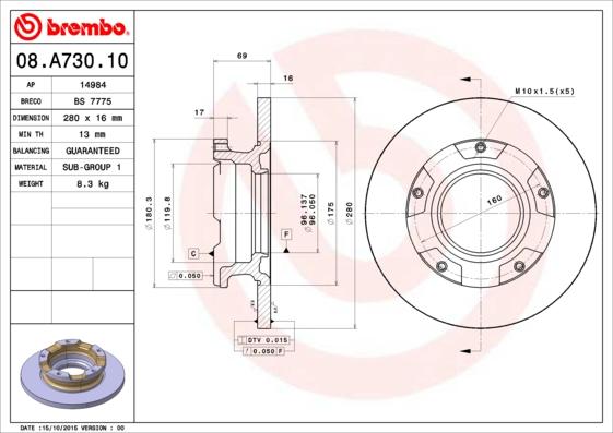 Brembo 08.A730.10 - Bremžu diski autodraugiem.lv