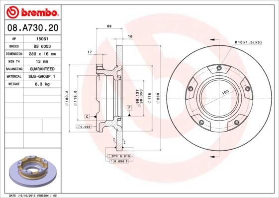 Brembo 08.A730.20 - Bremžu diski autodraugiem.lv