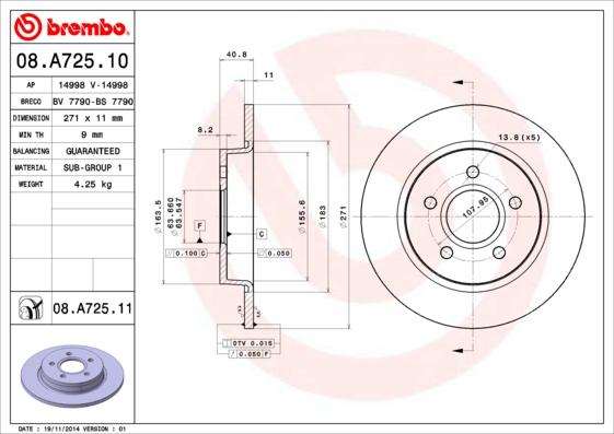 Brembo 08.A725.11 - Bremžu diski autodraugiem.lv