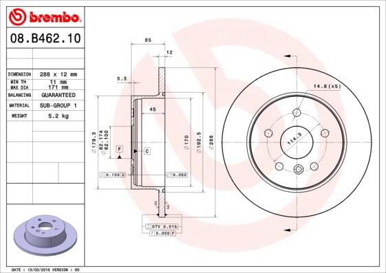 Brembo 08.B462.10 - Bremžu diski autodraugiem.lv