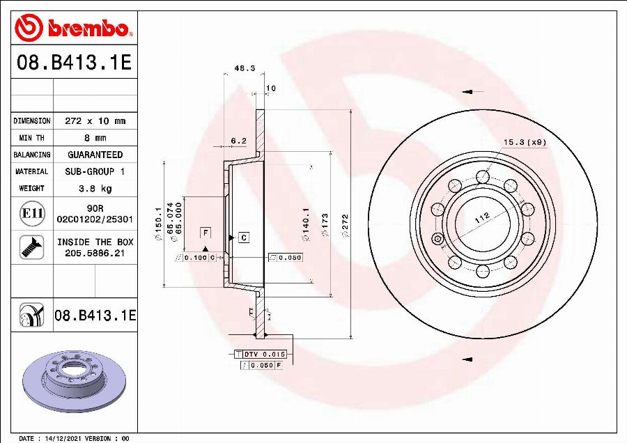 Brembo 08.B413.1E - Bremžu diski autodraugiem.lv