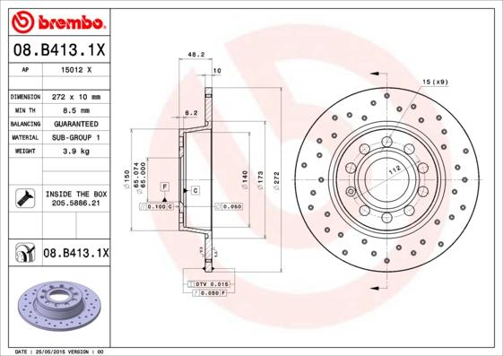 Brembo 08.B413.1X - Bremžu diski autodraugiem.lv