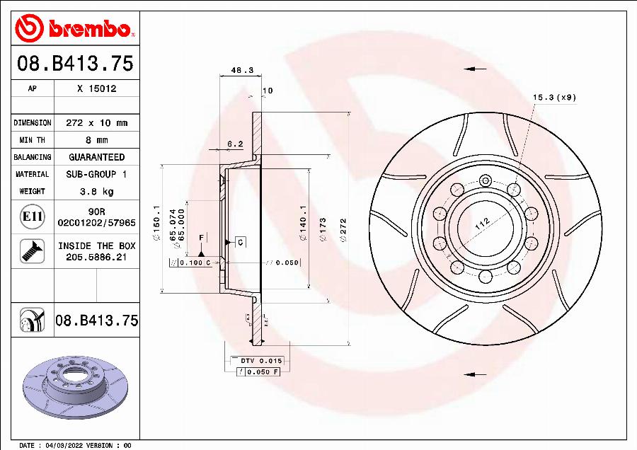 Brembo 08.B413.75 - Bremžu diski autodraugiem.lv