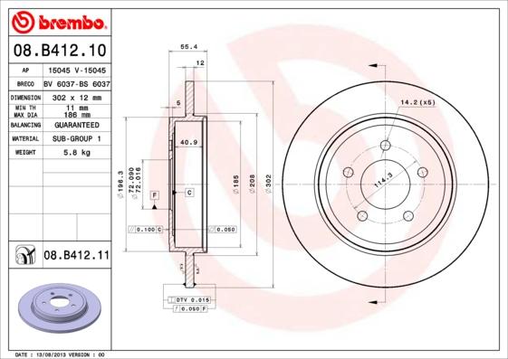 Brembo 08.B412.10 - Bremžu diski autodraugiem.lv