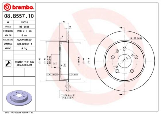 Brembo 08.B557.10 - Bremžu diski autodraugiem.lv
