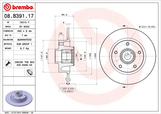 Brembo 08.B391.17 - Bremžu diski autodraugiem.lv