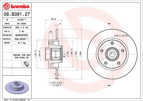 Brembo 08.B391.27 - Bremžu diski autodraugiem.lv