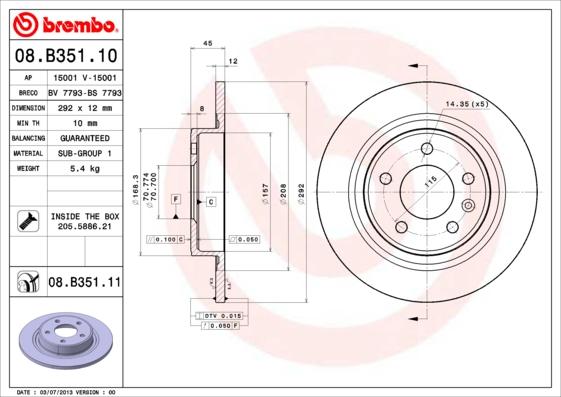 Brembo 08.B351.10 - Bremžu diski autodraugiem.lv