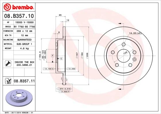 Brembo 08.B357.10 - Bremžu diski autodraugiem.lv